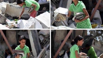 Girl in Gaza searches for books in rubble