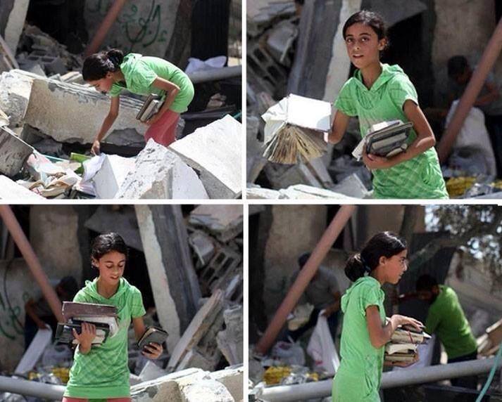 Girl in Gaza searches for books in rubble
